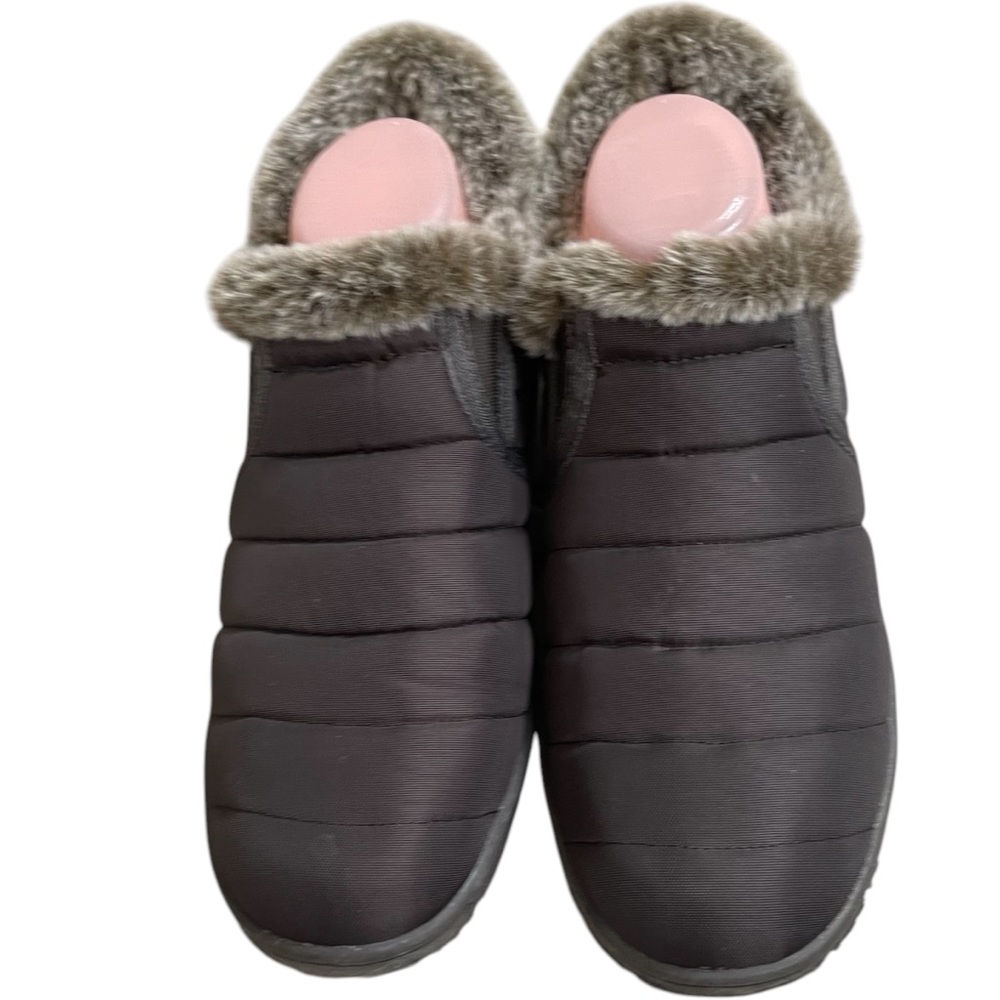 Minnetonka Tulsa Check Faux Fur Slip On Brown Quilted Nylon 69002 Womens Size 10 - Picture 2 of 12